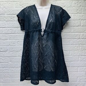 CATALINA XL Black Lace Short Sleeve Swimsuit Cover-Up Elastic Empire Waist • VG‼